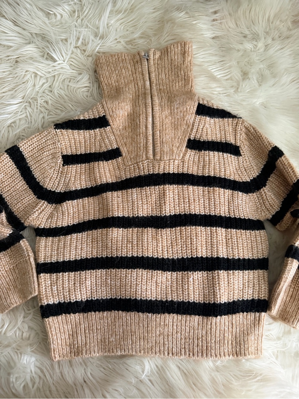 ZARA Girls Beige and Black Striped Half-Zip Knit Sweater - Picture 2 of 5